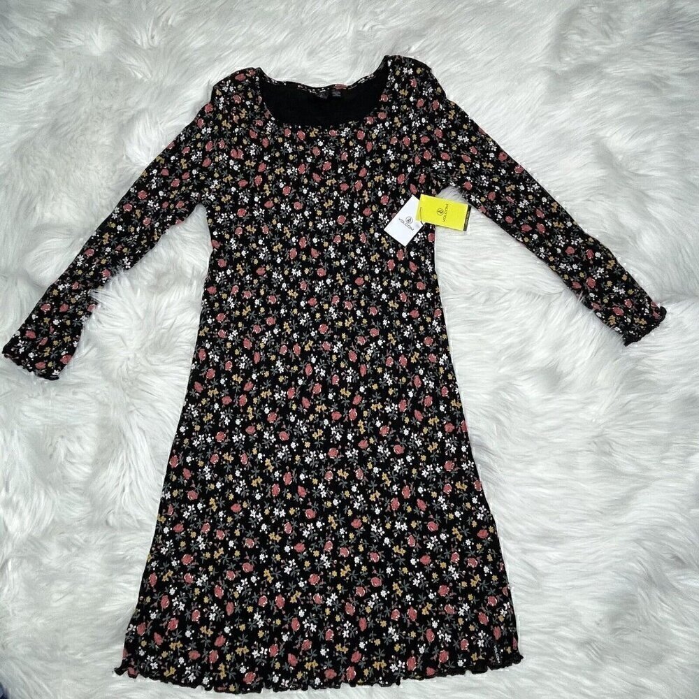 NEW VOLCOM Dress Eazy Focheezy Girls Size Large Floral Black Combo School Church